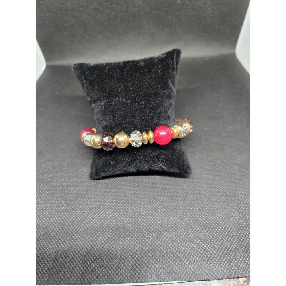 Womens Beaded Stretch Bracelet Red Gold Clear‎ Crystal Faceted Beads Statement